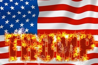 Flaming word Trump in front of American flag